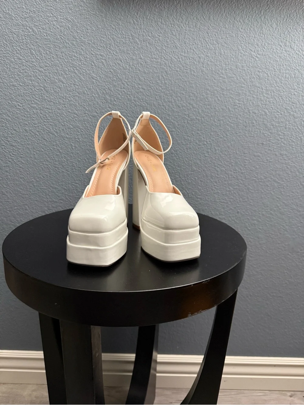 Chase + Chloe White Patent Platform Ankle-Strap Block Heels
